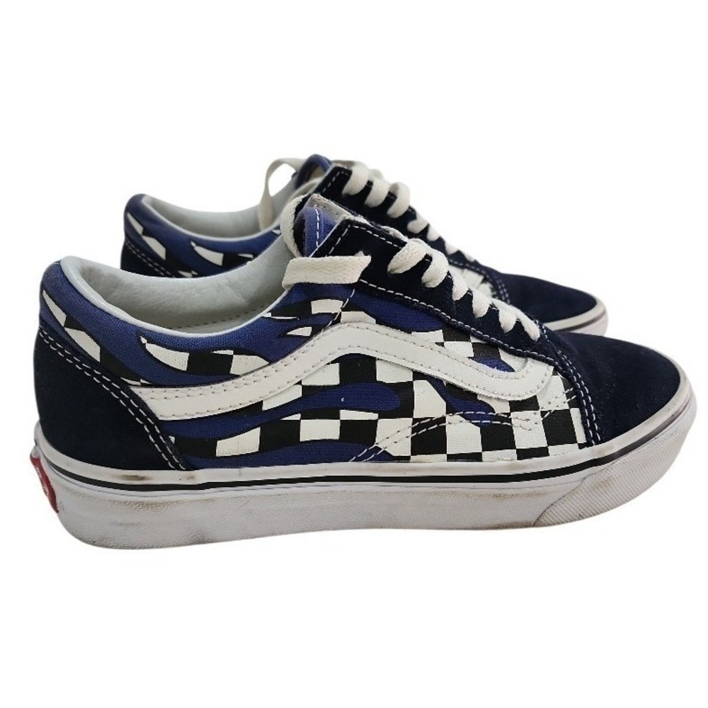 Vans Old Skool Sneakers Women 6.5 Navy Blue Checkerboard Flame Skate Shoes retro